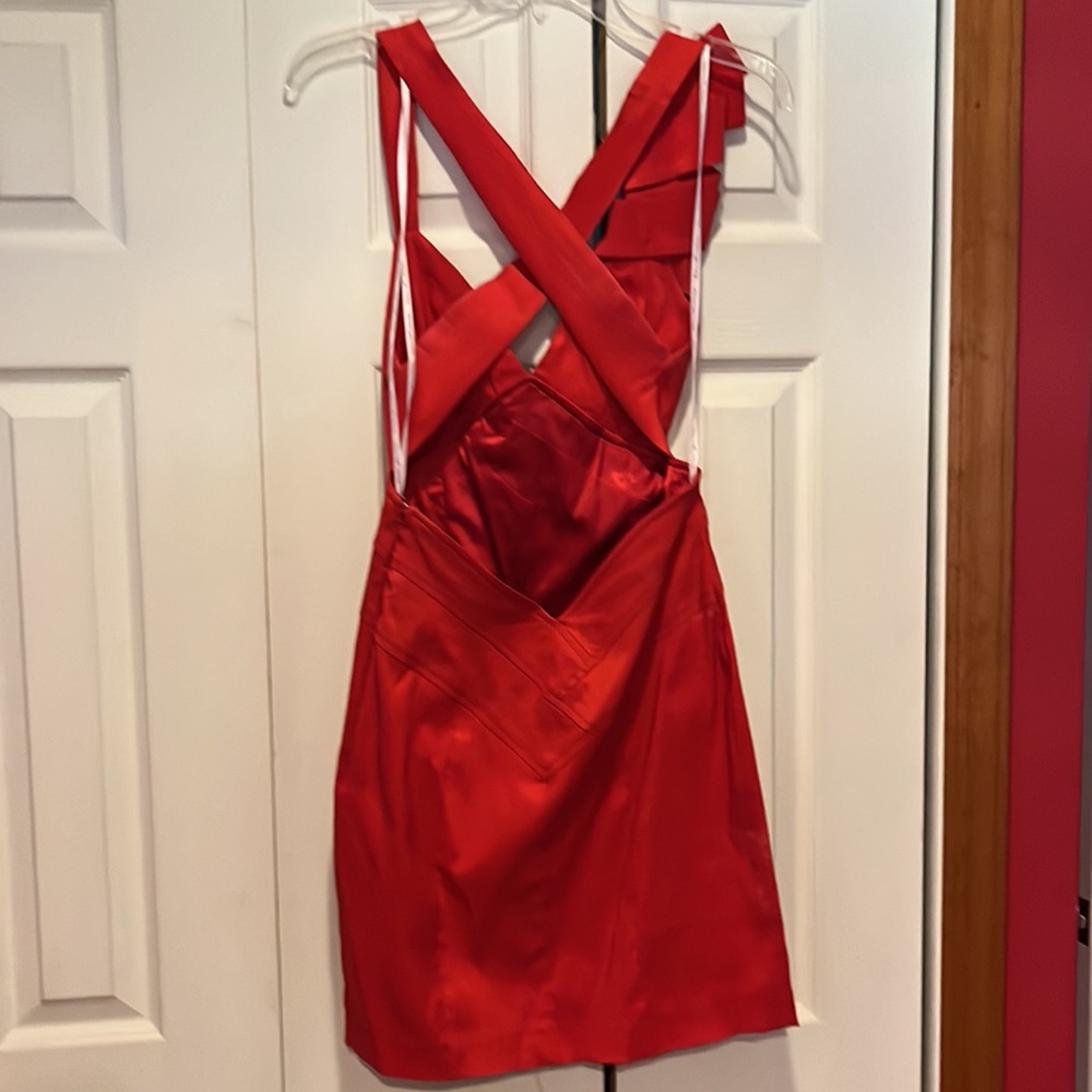 Jessica McClintock Red Satin Mini Dress with Ruffle Shoulder - Picture 3 of 4